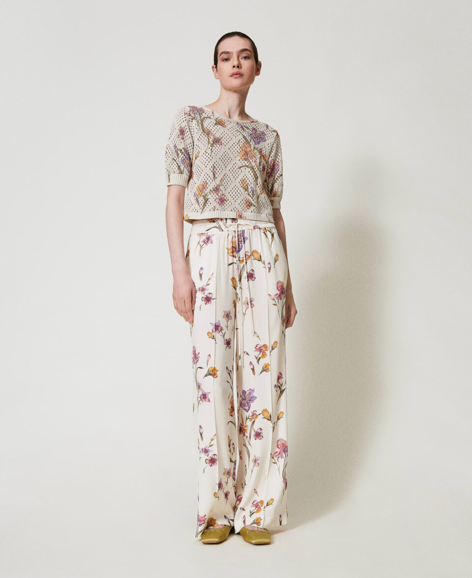 Pantalones de crepé de China con flores y elástico - Twinset