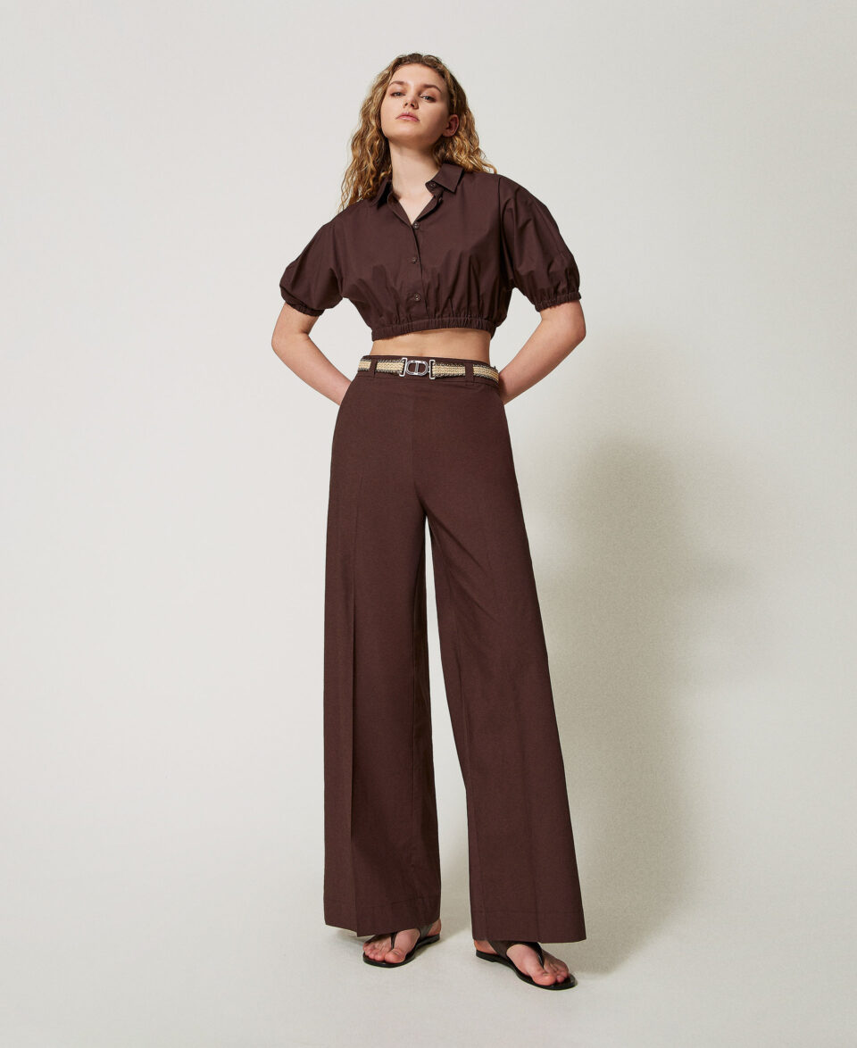 pantalones palazzo de popelina con cinturón. - Twinset