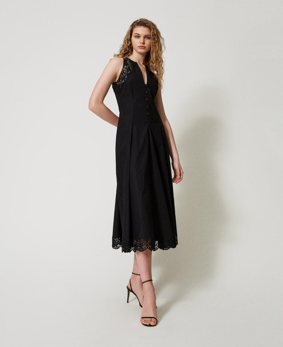 Vestido largo de popelina con encaje - Twinset